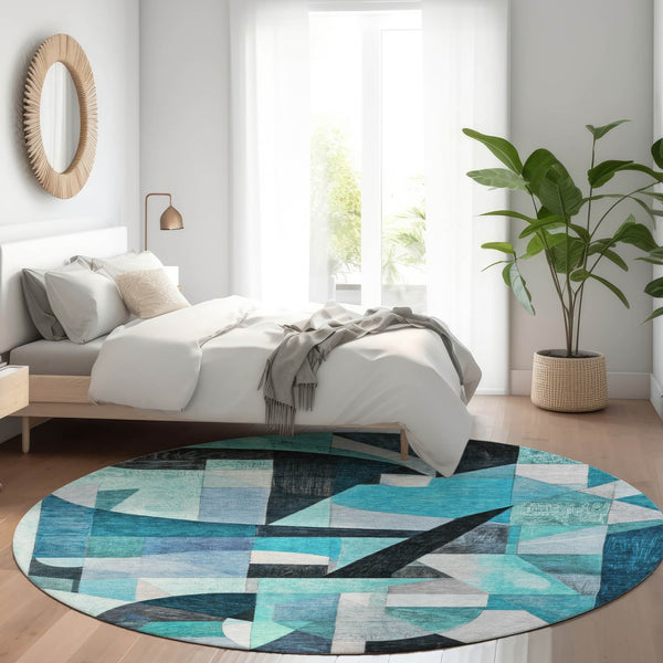 HomeRoots 8' Teal Blue Round Abstract Area Rug - Washable, Durable, Indoor/Outdoor Comfort for Modern Spaces 619995