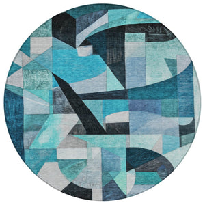 HomeRoots 8' Teal Blue Round Abstract Area Rug - Washable, Durable, Indoor/Outdoor Comfort for Modern Spaces 619995