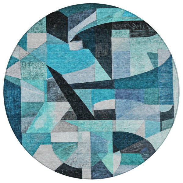 HomeRoots 8' Teal Blue Round Abstract Area Rug - Washable, Durable, Indoor/Outdoor Comfort for Modern Spaces 619995