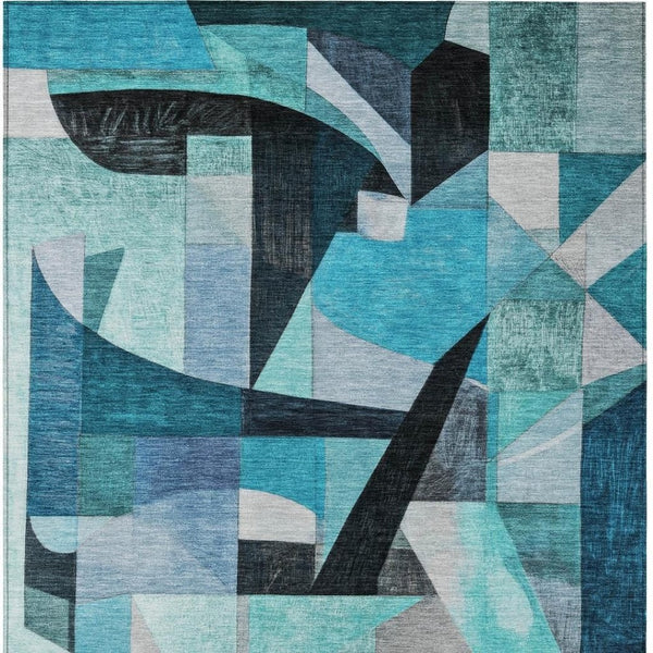 HomeRoots 9' X 12' Teal Blue Abstract Washable Area Rug for Indoor & Outdoor Use, Durable & Stylish Design 619997