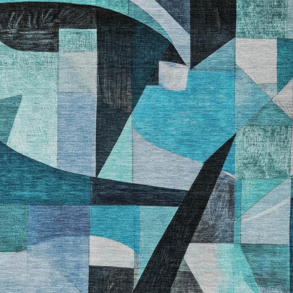 HomeRoots 10' Teal Blue Black Aqua Abstract Area Rug - Stylish Washable Indoor/Outdoor Design for Any Space 619998