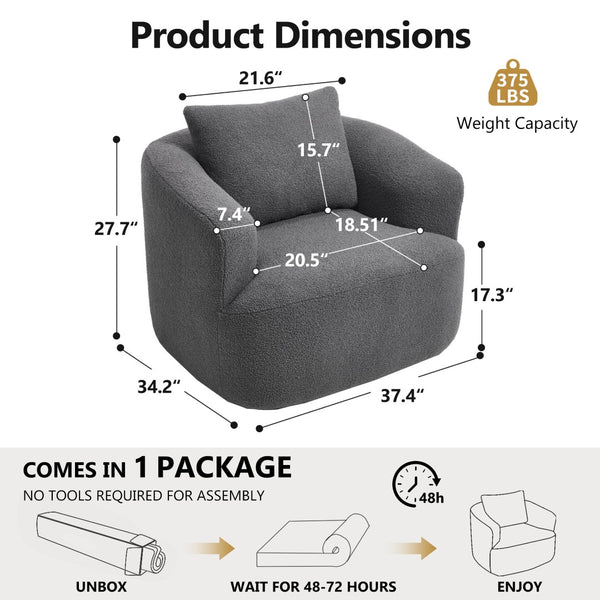 English Elm 360° Swivel Barrel Chair Teddy Fleece Upholstery with Pillow for Bedroom Reading Nook Antique Dark Grey W1803P363033