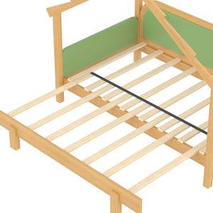 English Elm Twin Pine Treehouse Floor Bed with Padded Rails and Cabin Roofline for Kids Green W1580S00384