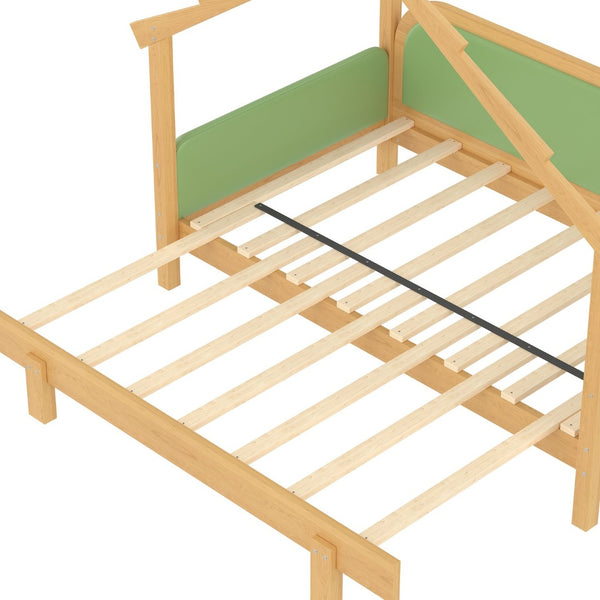 English Elm Twin Pine Treehouse Floor Bed with Padded Rails and Cabin Roofline for Kids Green W1580S00384