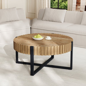 English Elm Round Gear Motif Drum Coffee Table Walnut Mdf Top Iron Base Compact Living Room Accent N770P372354N