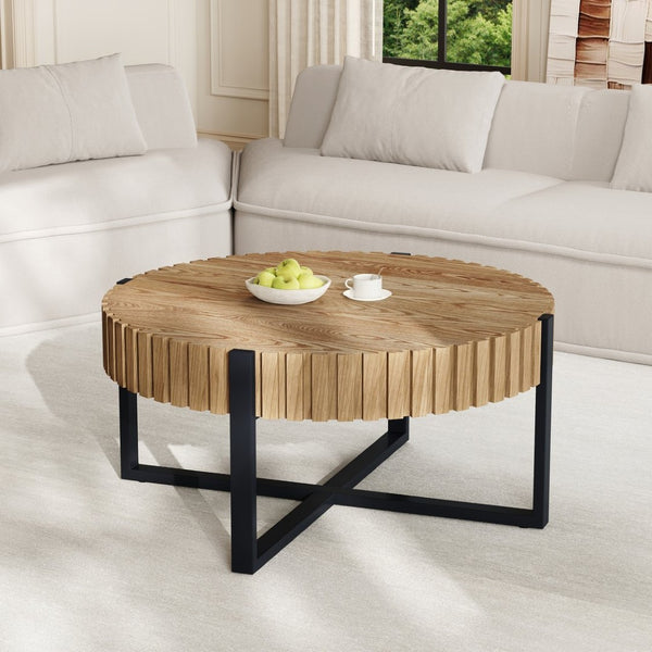 English Elm Round Gear Motif Drum Coffee Table Walnut Mdf Top Iron Base Compact Living Room Accent N770P372354N