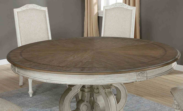English Elm Dining Table 60 Inch Round Solid Wood Pedestal with Hand Carved Skirt and Inlay Antique White B2741P474004