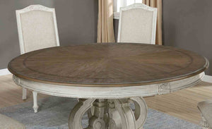 English Elm Elegant Round Pedestal Dining Set Carved Wood Table with Four Upholstered Side Chairs Antique White,Ivory B2741S00889