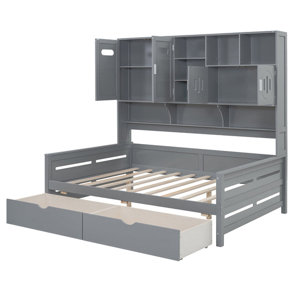 English Elm Full Size Wooden Daybed With Storage Drawers, Integrated Cabinet, And Stylish Gray Finish - Perfect For Any Space! N820S00016E