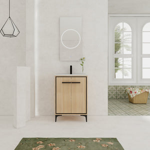 English Elm 24 Inch Oak Bathroom Vanity Base with Basin — Engineered Wood, Double-Door Storage, Minimalist Chic W1972S00003
