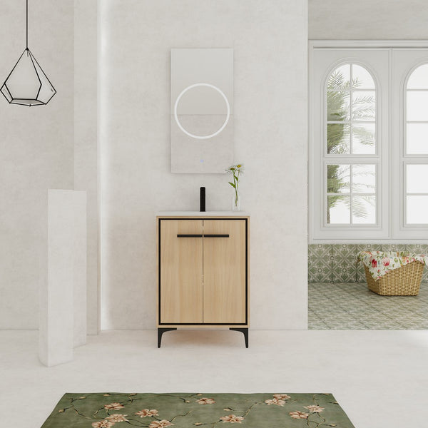 English Elm 24 Inch Oak Bathroom Vanity Base with Basin — Engineered Wood, Double-Door Storage, Minimalist Chic W1972S00003