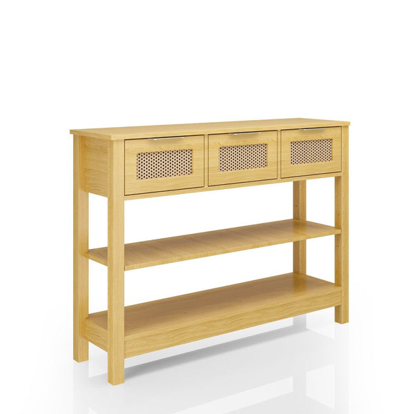 English Elm 43.3" Farmhouse Console Table Rattan Drawer Fronts Open Shelving Entryway Storage Natural Wood T3210P426416