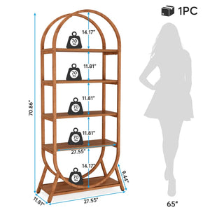 English Elm Versatile Arched Five Tier Bookcase Warm Brown Metal Frame Open Shelving for Small Spaces T3971P458354