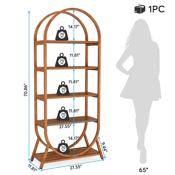 English Elm Versatile Arched Five Tier Bookcase Warm Brown Metal Frame Open Shelving for Small Spaces T3971P458354