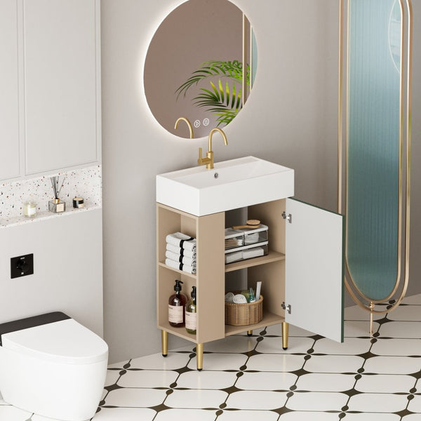 English Elm 21.6" Compact Green Bathroom Vanity Ceramic Sink Soft Close Cabinet Open Side Shelf W1920S00191
