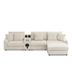 English Elm [video]112*64'' Corduroy L-shaped Sectional Cloud Sofa with Bluetooth Console Ottoman Living Room N723S1756A