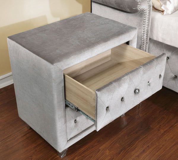 English Elm Glam Upholstered Nightstand with Acrylic Button Tufting Velvet Cabriole Feet Bedroom Gray B2741P435908