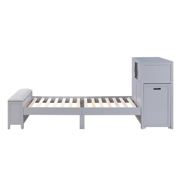 English Elm Gray Full Platform Bed with Bookcase Headboard Fold Out Desk Drawers and Footboard Bench Gray B011S02325