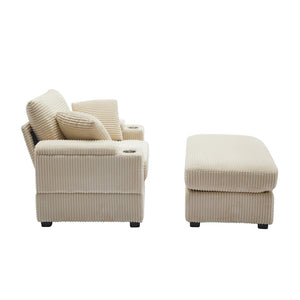 English Elm Corduroy Chaise Lounge Sofa With Movable Ottoman, Armrest Storage & Cupholders For Comfort W2120S00003-GIGA