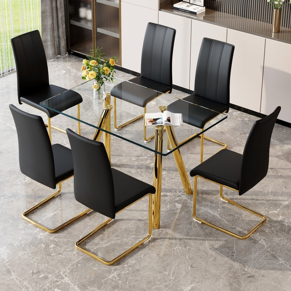 English Elm Tempered Glass Six Seat Dining Set with Gold Metal Base and Black Pu Leather Chairs W3875S00049