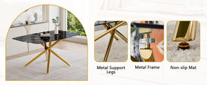 English Elm Table and Chair Set Marble Glass Top Golden Legs with Six Gray Pu Seats W1151S04784