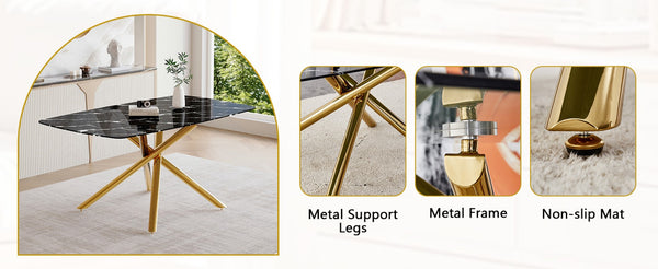 English Elm Table and Chair Set Marble Tempered Glass Top Golden Fork Base with Four Pu Seats Black+Gold,Light Gray W1151S04783