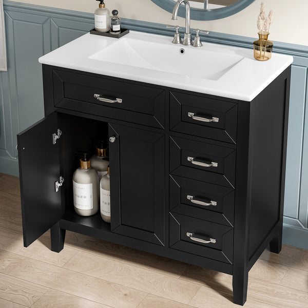 English Elm 36" Modern Bathroom Vanity With Sink Combo, Sleek Black Cabinet, Durable Storage & Stylish Design N725P246491B