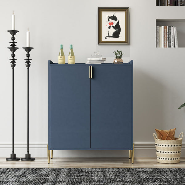 English Elm 2 Door Wine Bar Cabinet with 12-Bottle Rack, Soft-Close Hinges, Adjustable Shelf & Elevated Metal Legs Blue W2899P372476