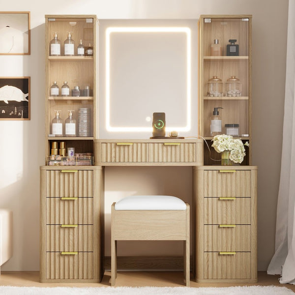 English Elm 43.5" Fluted Makeup Vanity with Led Mirror Glass Top Gold Hardware and Storage Stool Oak N704G202305N