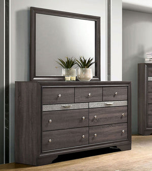 English Elm Gray Glam Dresser w Mirror Set — 63" Shiny Silver-Trim Jewelry Drawer, Dovetail Craft, Round Knobs B2741S00552
