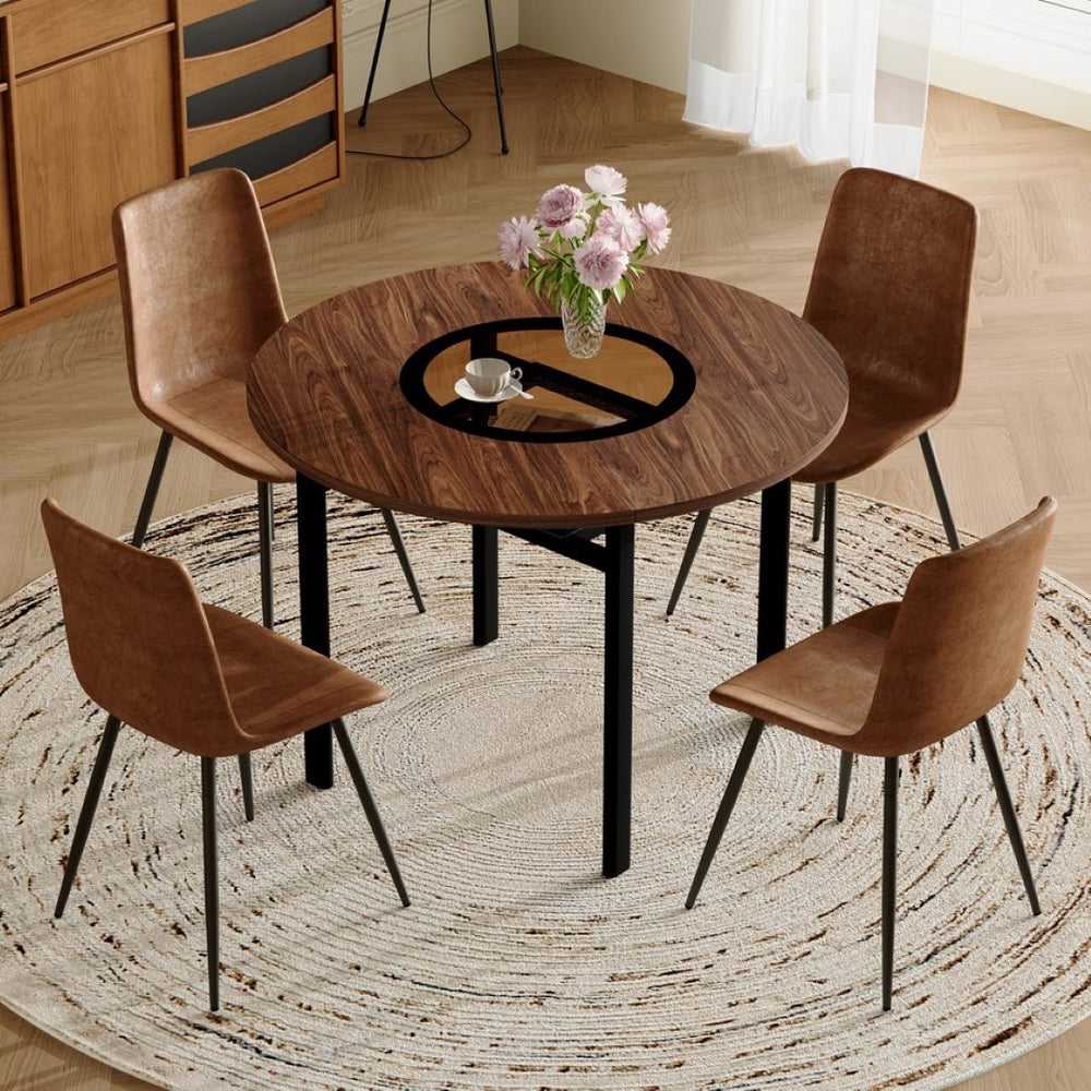 English Elm Table and Chair Set 42 Inch Round Wood Grain Dining with 4 Linen Cushioned Seats W1151S04479
