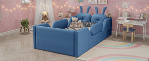 English Elm Twin Kids Platform Bed Teddy Fabric Upholstered with Bunny Cushions and Safety Rails Blue W2593P395808