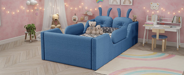 English Elm Twin Kids Platform Bed Teddy Fabric Upholstered with Bunny Cushions and Safety Rails Blue W2593P395808