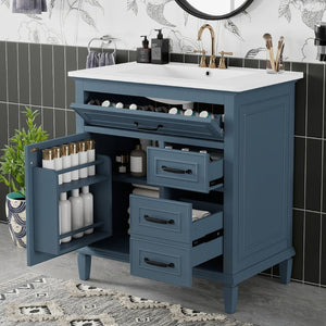 English Elm 30 Inch Freestanding Bathroom Vanity Solid Pine Cabinet Ceramic Sink Top Storage Blue Gray N725P412782C