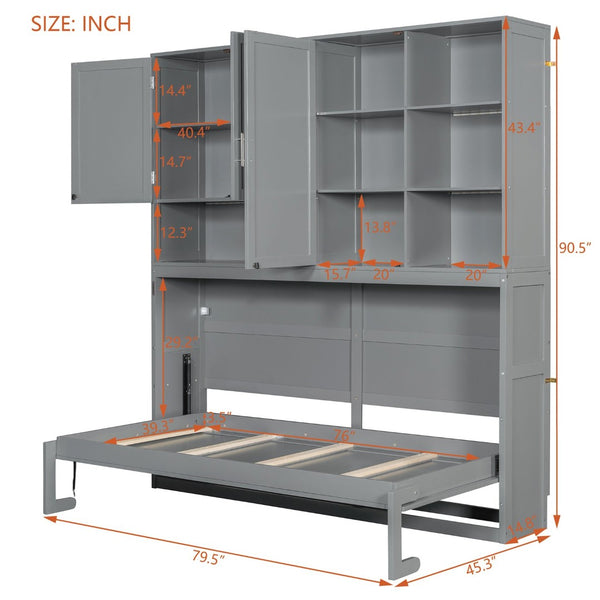 English Elm Twin Murphy Bed with Cabinet Shelves Built in Lighting Usb Ports Space Saving Wall Unit Gray LP000389AAE-1