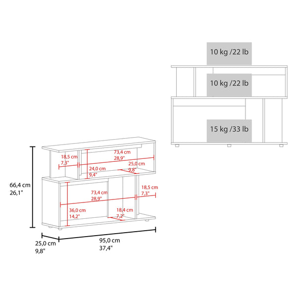 English Elm Asymmetrical Oak Sofa SideTable with Open Shelves & Top Shelf, Modern Engineered Wood Accent Table B200P363787