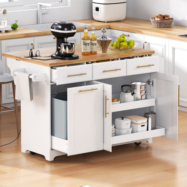 English Elm K&k Rolling Kitchen Island Rubber Wood Top Brass Hardware Built-in Outlets Storage White N707S299014W
