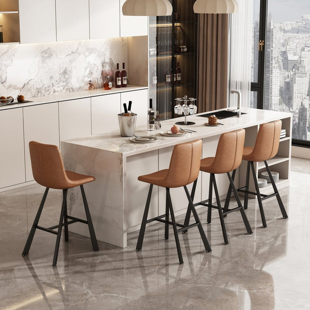 English Elm Faux Leather Counter Stools Set of Two Ergonomic Curved Back Metal Frame Kitchen Seating Cognac W5096P400395