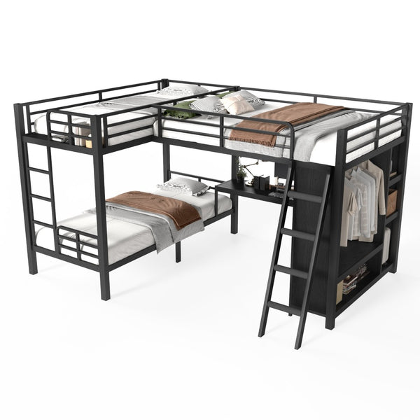English Elm L-shaped Triple Bunk Bed with Desk Wardrobe Metal Frame for Teen Shared Rooms W5305S00003