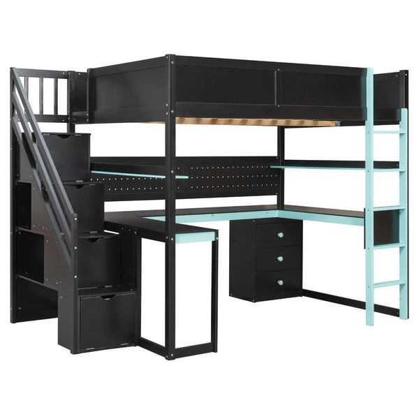 English Elm Full Size Gaming Loft Bed with Led Lighting Desk Shelves and Usb Charging Ports N820S00071C