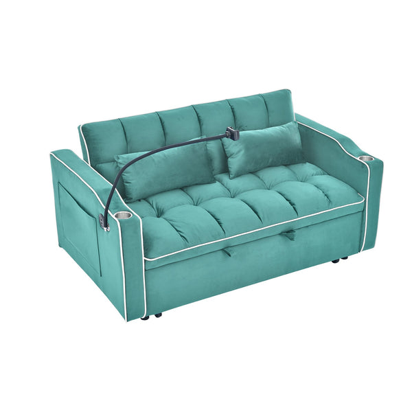 English Elm 55.51 versatile foldable sofa bed 3-lengths velvet loveseat to full bed with USB port, ashtray, swivel stand (Green) W2353P232226