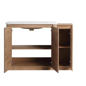 English Elm 48" Floating Bathroom Vanity Dual Ceramic Vessel Sinks Oak Finish Soft Close Doors W999S00512