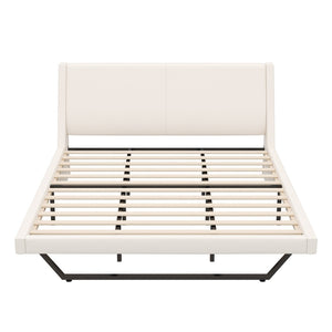 English Elm Queen Pu Leather Platform Bed Sculptural Wave Base Floating Silhouette Modern Bedroom White N761S0000032W