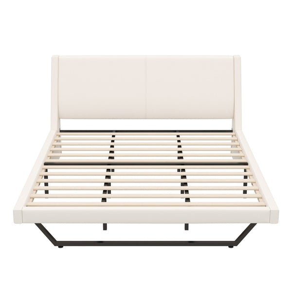 English Elm Queen Pu Leather Platform Bed Sculptural Wave Base Floating Silhouette Modern Bedroom White N761S0000032W