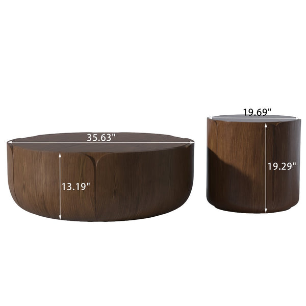 English Elm Round Mgo Drum Coffee Table Set Weatherproof Wood Grain Finish for Patio or Living Room Brown W757S00051