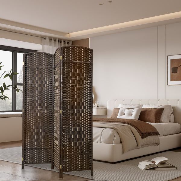 English Elm 4 Panel Room Divider Folding Screen Privacy Partition Wood Woven Panels Portable Rustic Room Splitter Walnut Brown W3198P299258