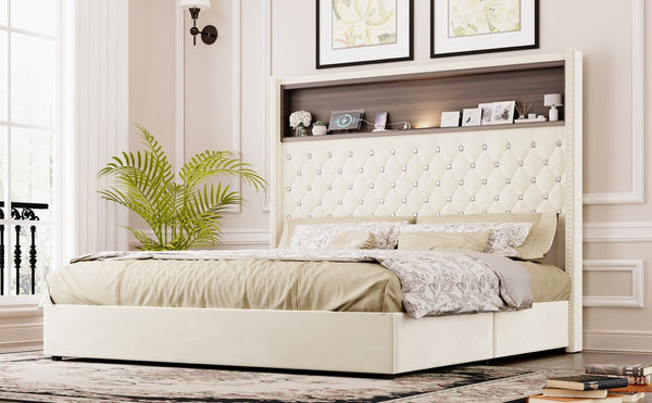 English Elm Queen Velvet Tufted Wingback Platform Bed Tall Headboard with Usb Charging Shelf Beige N733P367135A