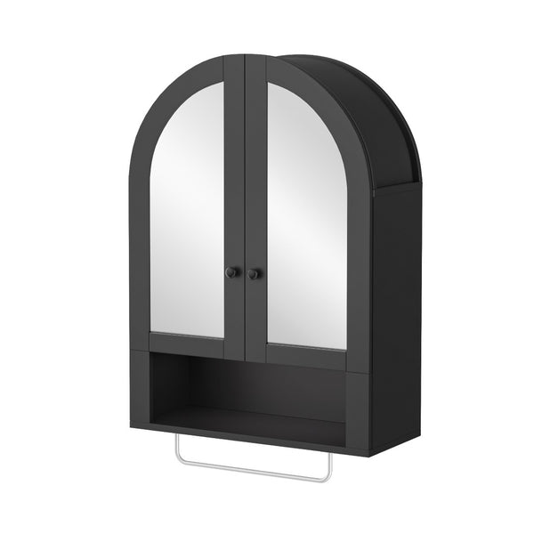 English Elm Wall Mounted Arched Cabinet Tempered Glass Doors Led Lighting Adjustable Shelves Bathroom Black T3210P471557