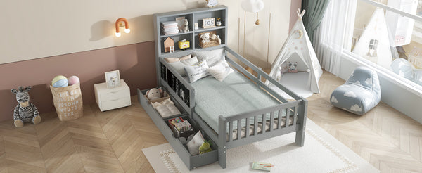 English Elm Twin Chalkboard Platform Bed with Drawers & Shelves, Solid Wood Kids Bed with Storage and Creative Headboard Grey W1580P362706