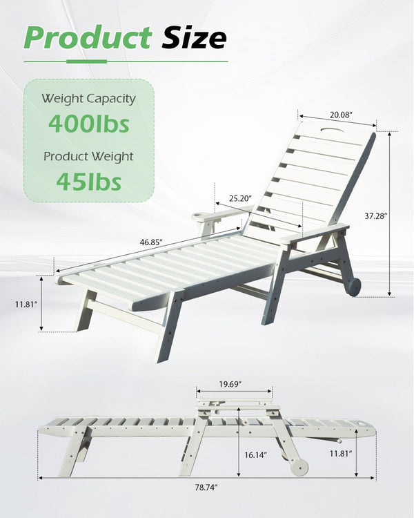 English Elm Patio Hdpe Chaise Lounge Outdoor Reclining Poolside Chair with Built-in Cup Holder White W1859P478267